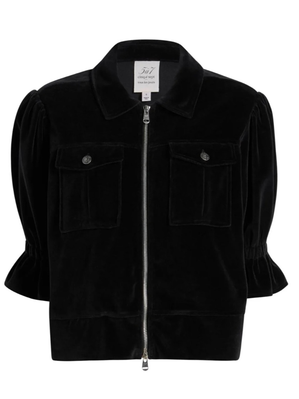 CINQ A SEPT WMNS VELOUR HOLLY JACKET BLACK LIKE NEW ZIPUP ruched short sleeve XL